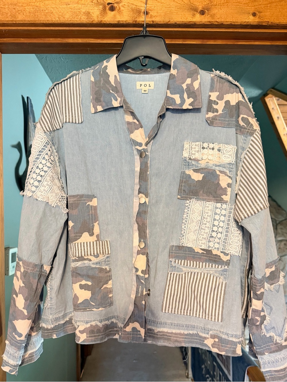 NWOT POL Lightweight Patchwork Chambray Shirt Jacket in Light Blue Camouflage